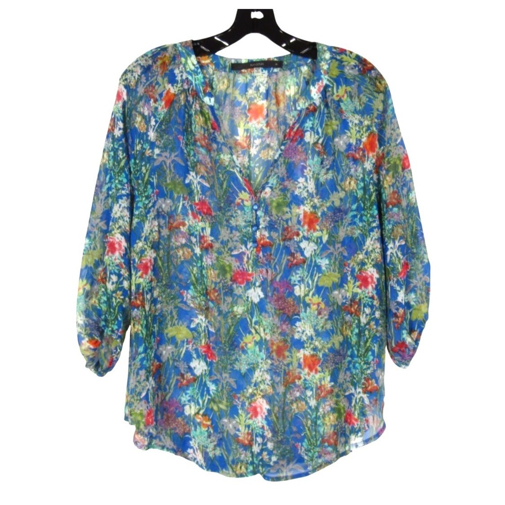 FUN 2 FUN Blue/Multi FLORAL Sheer CHIFFON 3-Faux Buttons V-NECK Blouse/Top Sz M